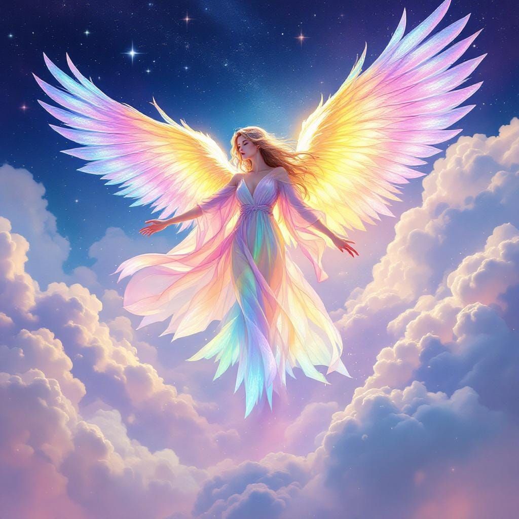 Iridescent Angel in Anime Style with Rainbow Robes