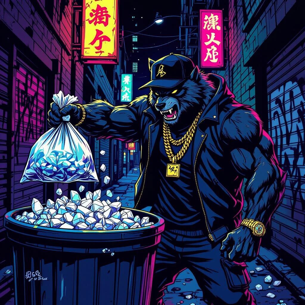Werewolf Rapper in Urban Alleyway Comic Style