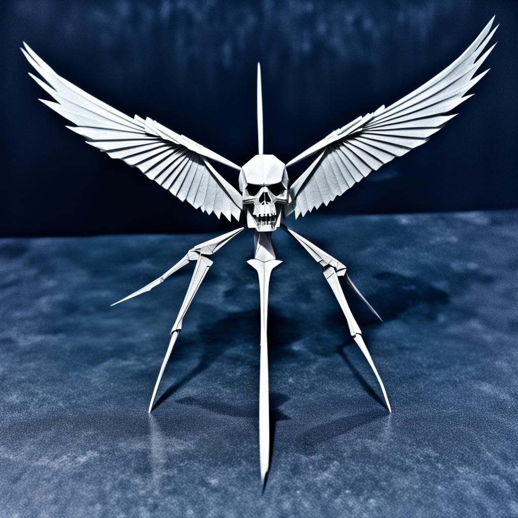 Origami Winged Skeleton with Runes in Macabre Style