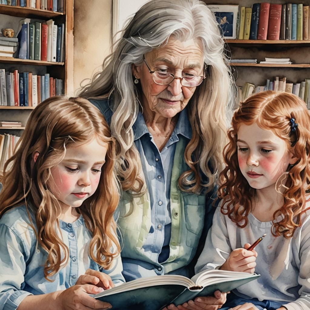 Grandmother Reading to Grandchildren: Watercolor Hyperrealis...