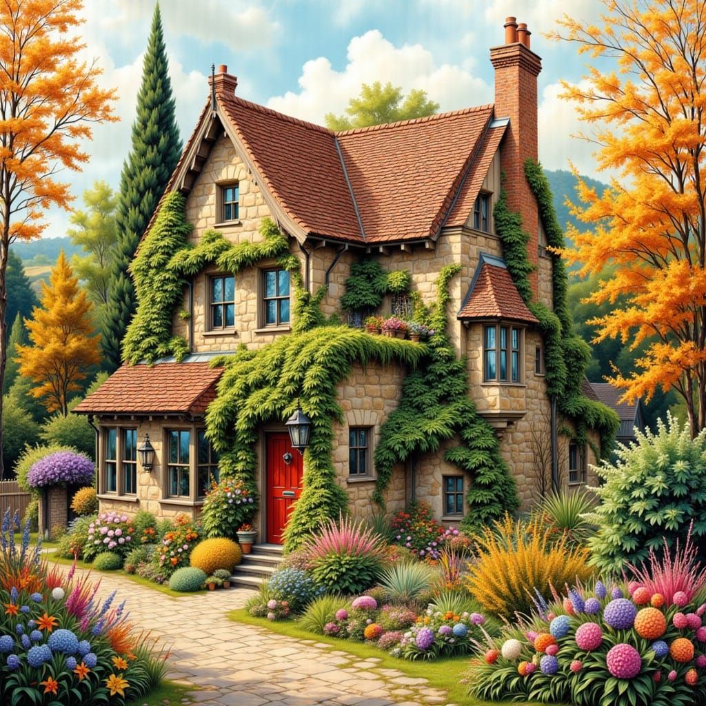 Whimsical Village Cottage in Folk Art Style