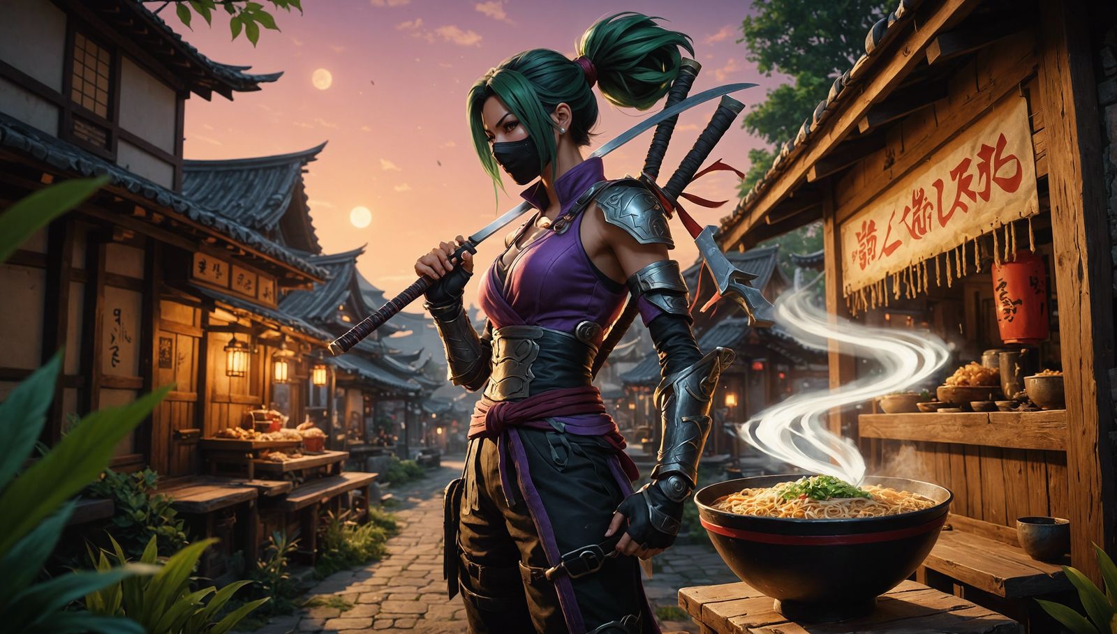 Ninja with Kama in Ramen Village at Dusk