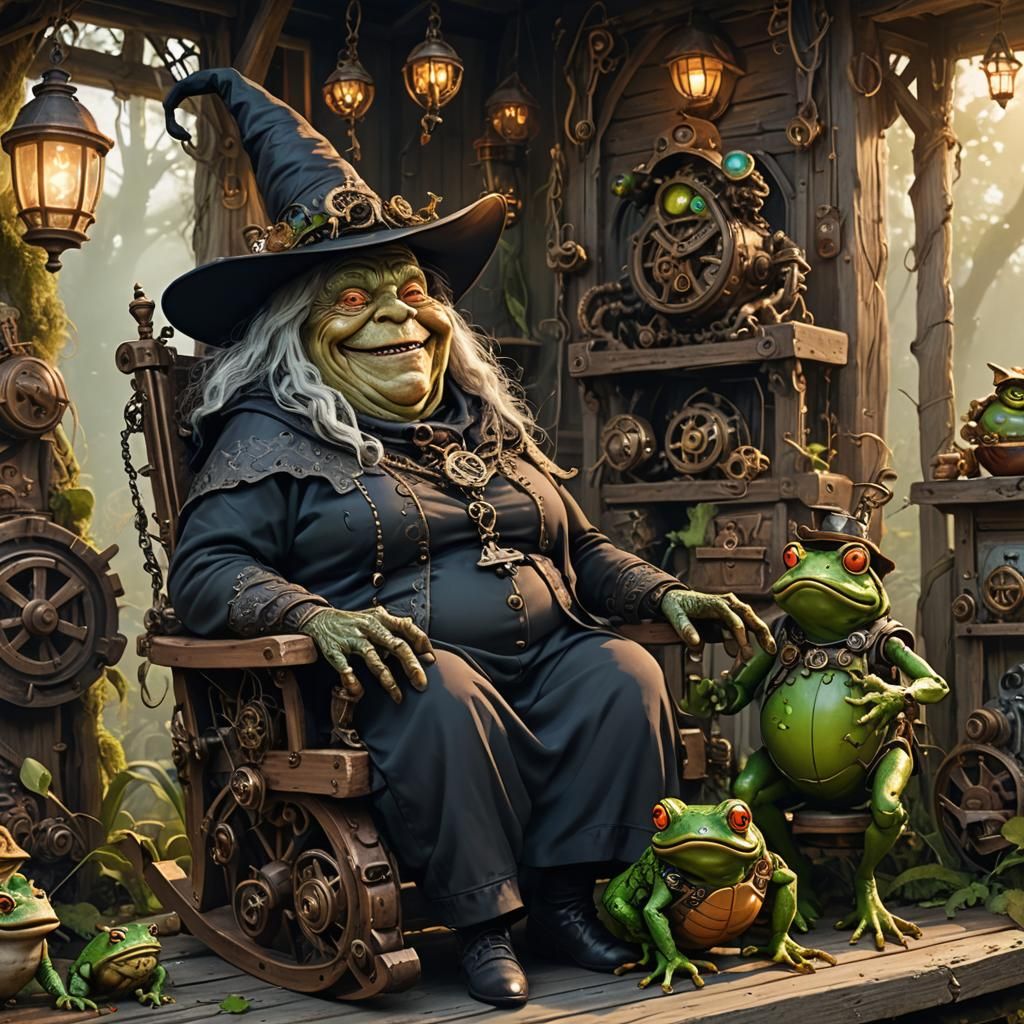 Laughing Witch with Cyborg Toad in Fantasy Style