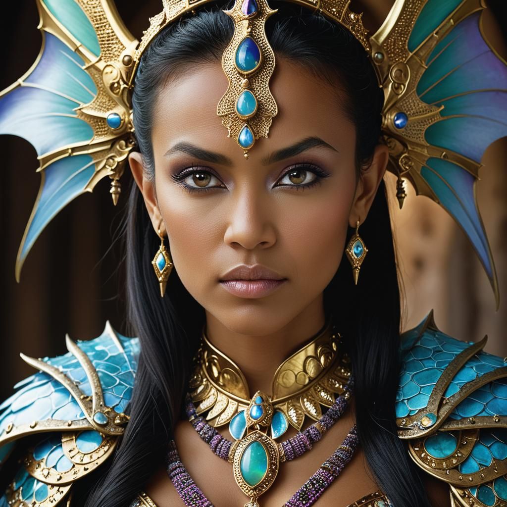 Bat-Winged Polynesian Queen in Iridescent Armor