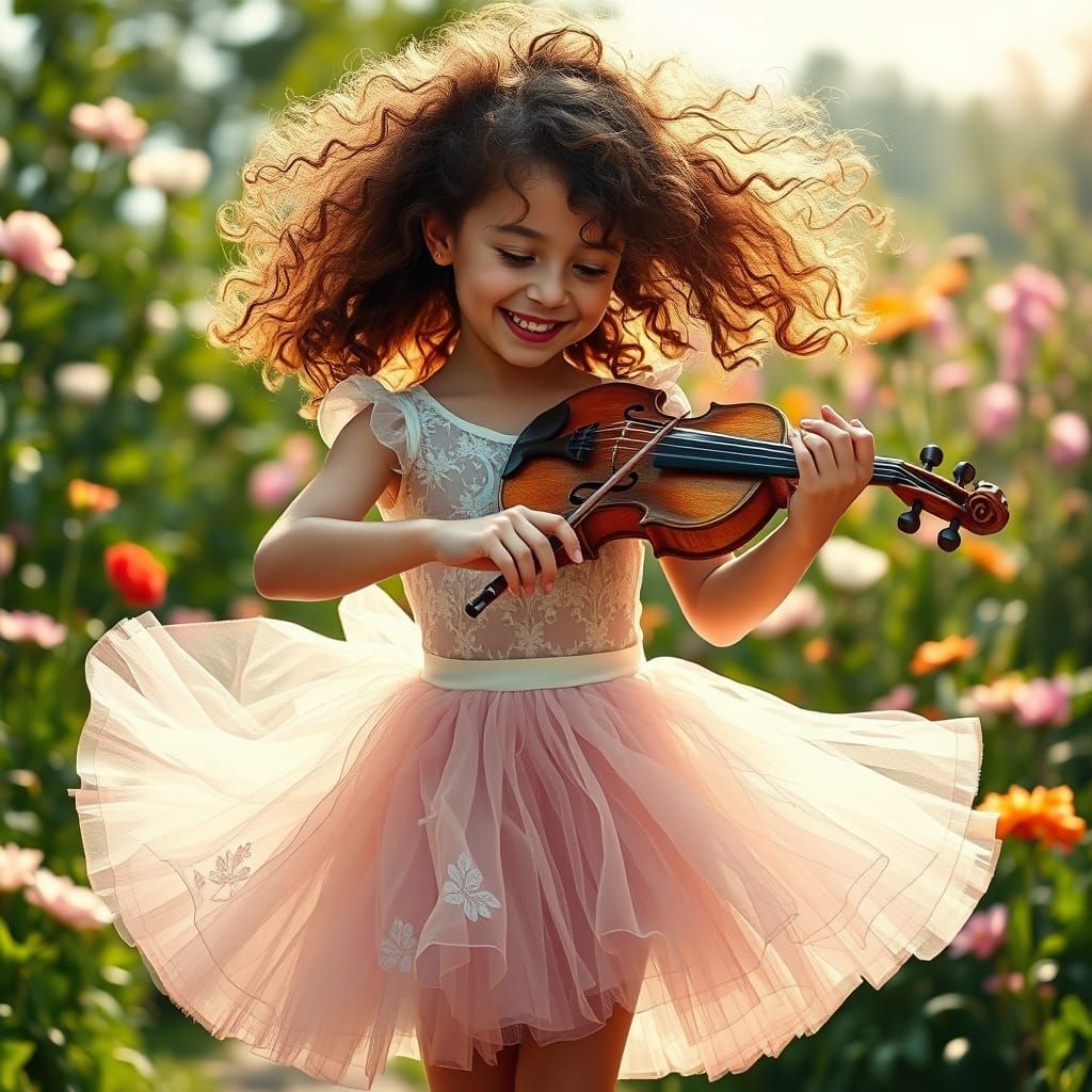 Girl Dancing with Violin in Whimsical Garden