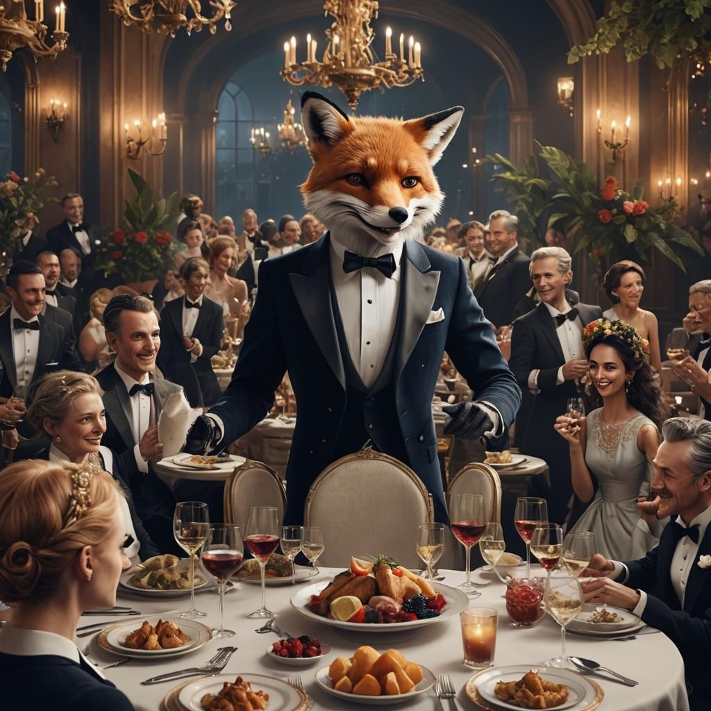 Fox in Tuxedo at Dinner Party: Detailed Matte Painting