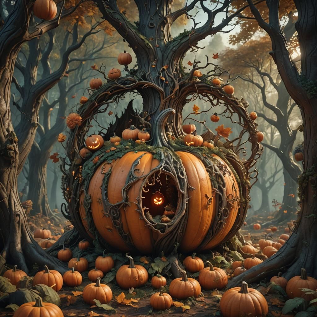 Intricate Woodland Scene Inside a Pumpkin