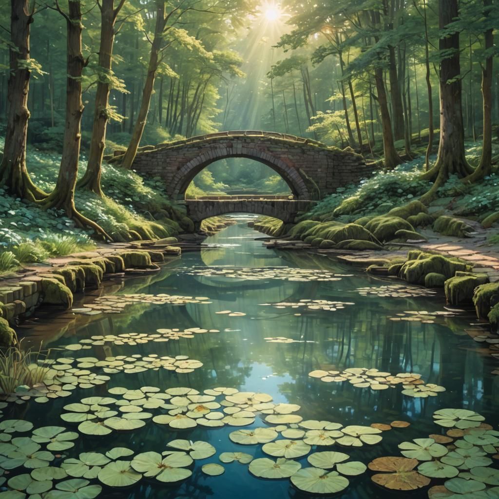 River Flowing Through Forest with Old Brick Bridge