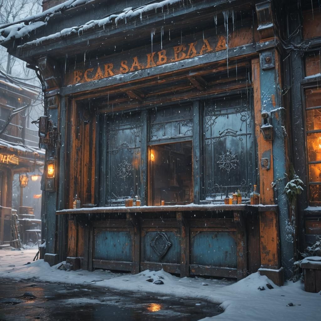 Winter Bar in Snowy Liminal Space Art Concept