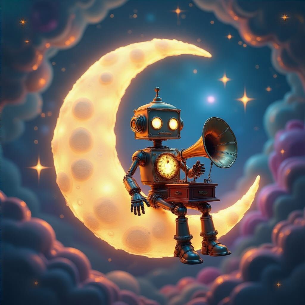 Surreal Robot on Moon Playing Gramophone