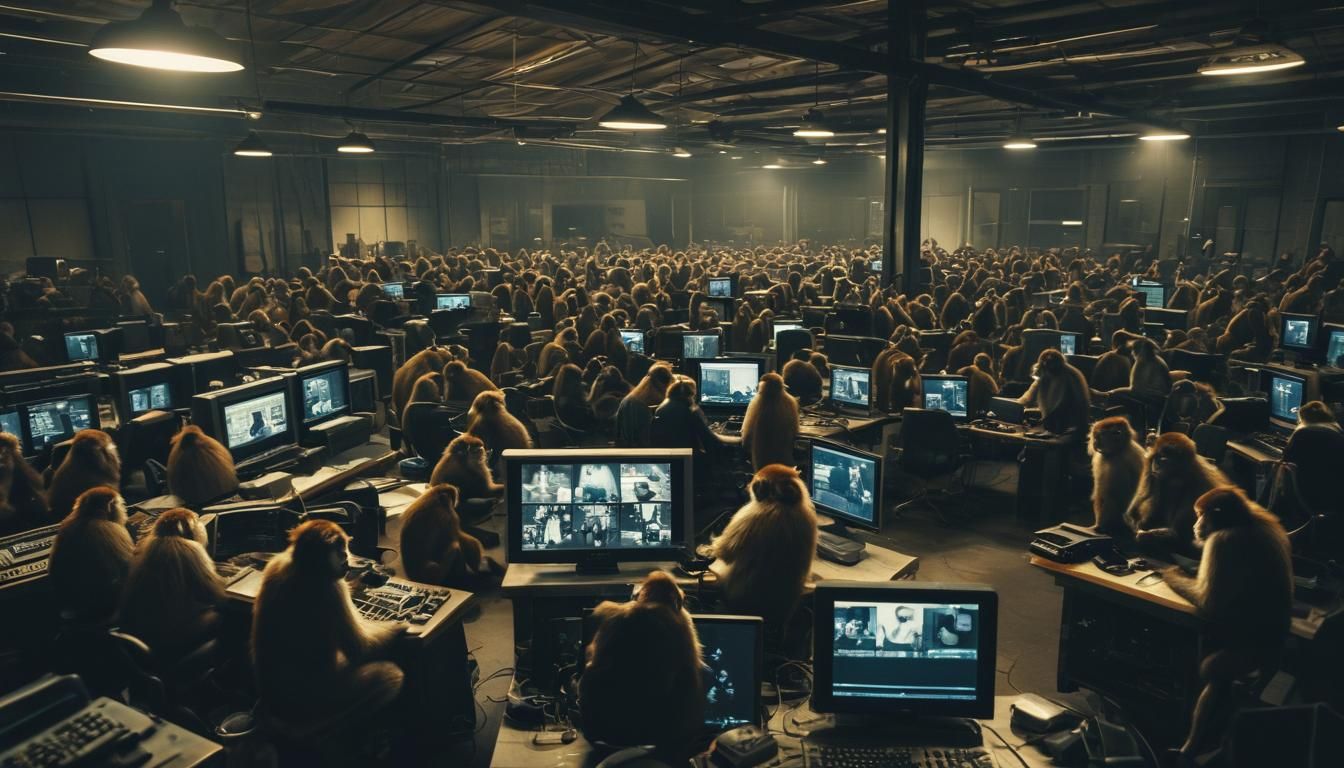 Monkeys Edit TV Show in Warehouse: Cinematic Film Still