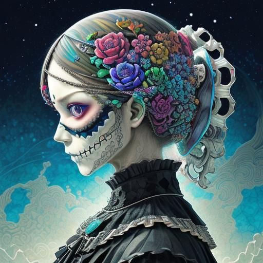 Fractal Mosaic Sugar Skull in Anime Style
