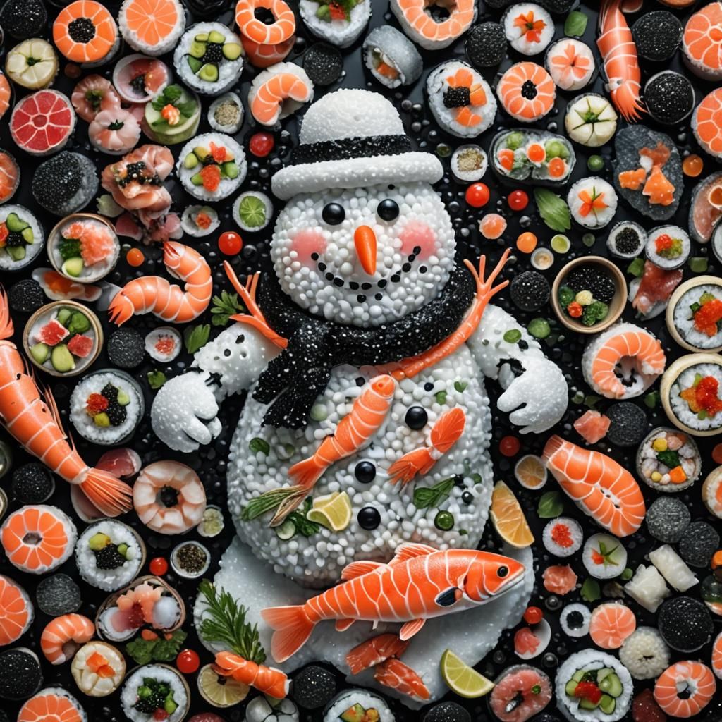 Snowman Feast: Caviar, Salmon, and Sushi