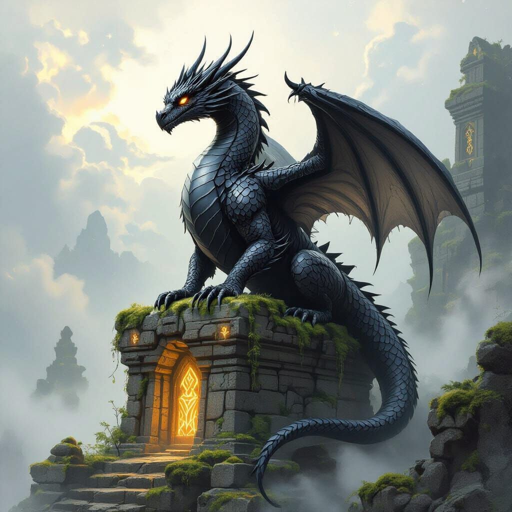 Ancient Obsidian Dragon on Ruined Temple