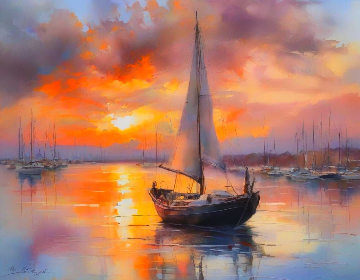 Pastel Sunset Over Sailing Ship in Neo-Impressionist Oil Pai...