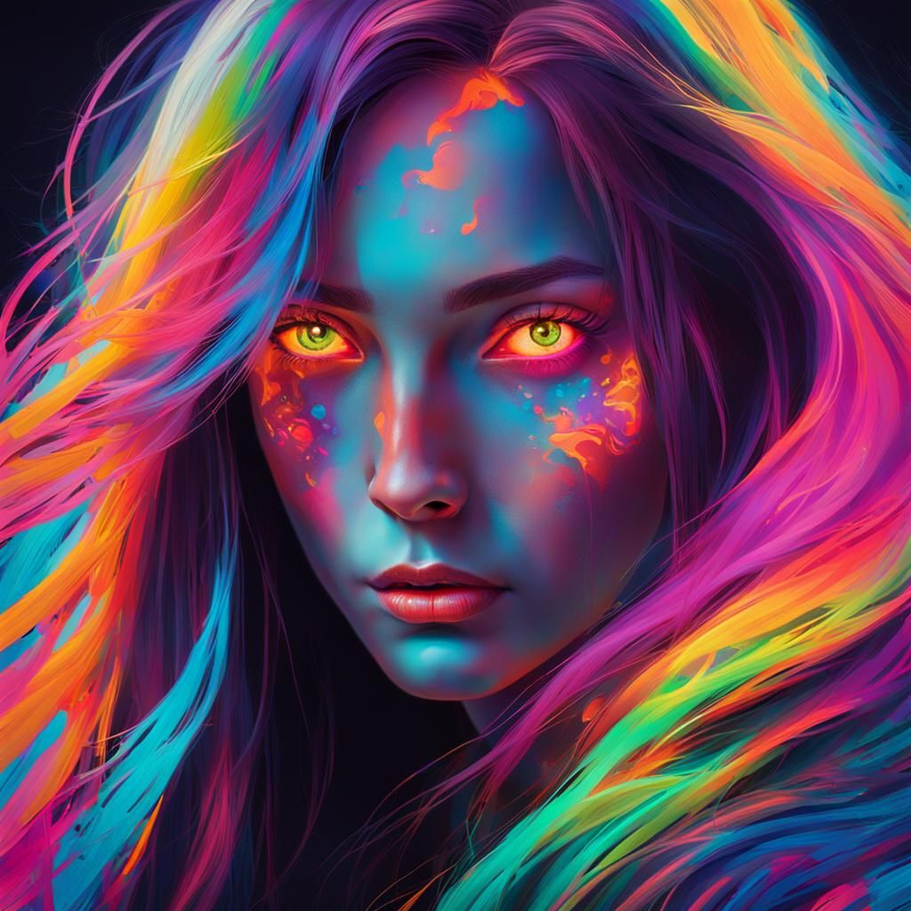 Neon Woman Portrait with Flowing Hair
