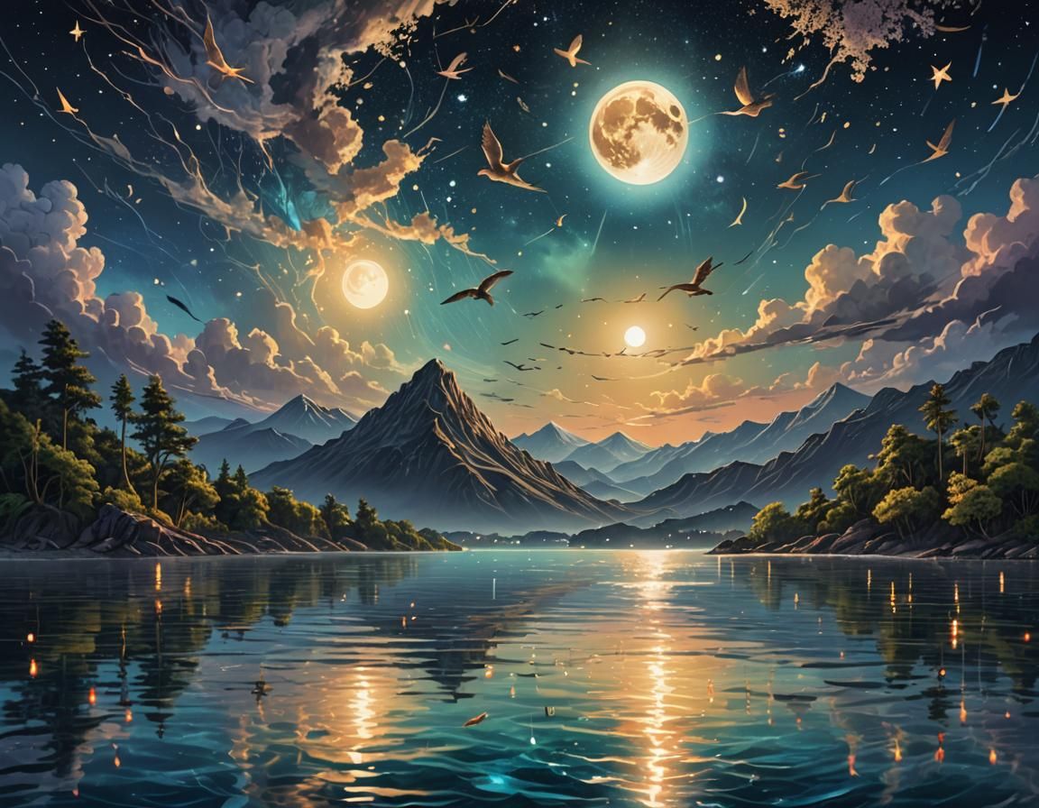 Cosmic Ocean View with Moon and Thunder