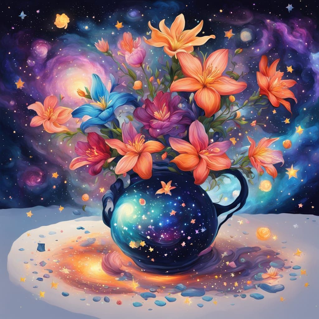Cosmic Dream Portrait: Lilies Under Starry Galaxy Explosion