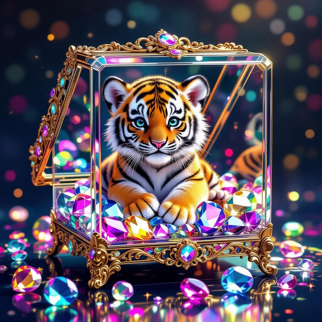 Baby Tiger in Jewel Box with Glowing Gems