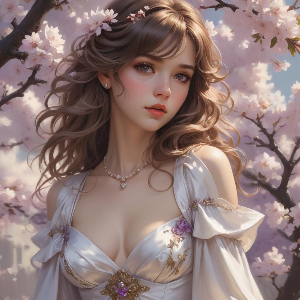 Girl with Cherry Blossom Dress, Digital Art