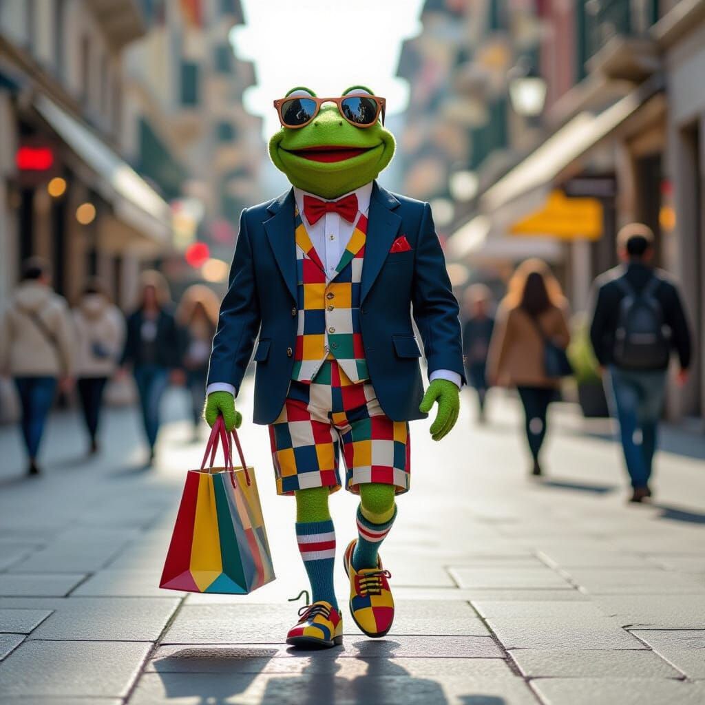elegant anthropomorphic Kermit the Frog walking in Milan str...