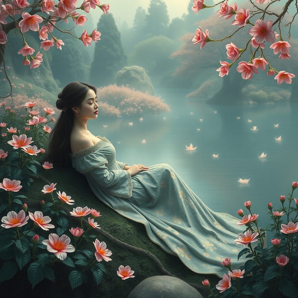 Relaxed Woman in Serene Japanese Garden