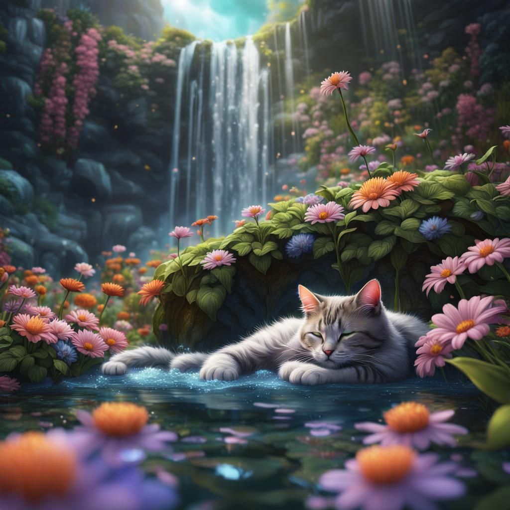 Cat Nap: A Fantasy Waterfall Painting