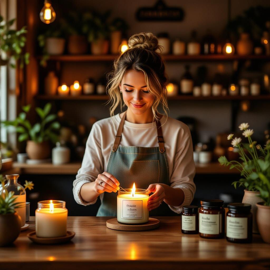 Candle Alchemist Blending Emotional Scents in Glowing Shop