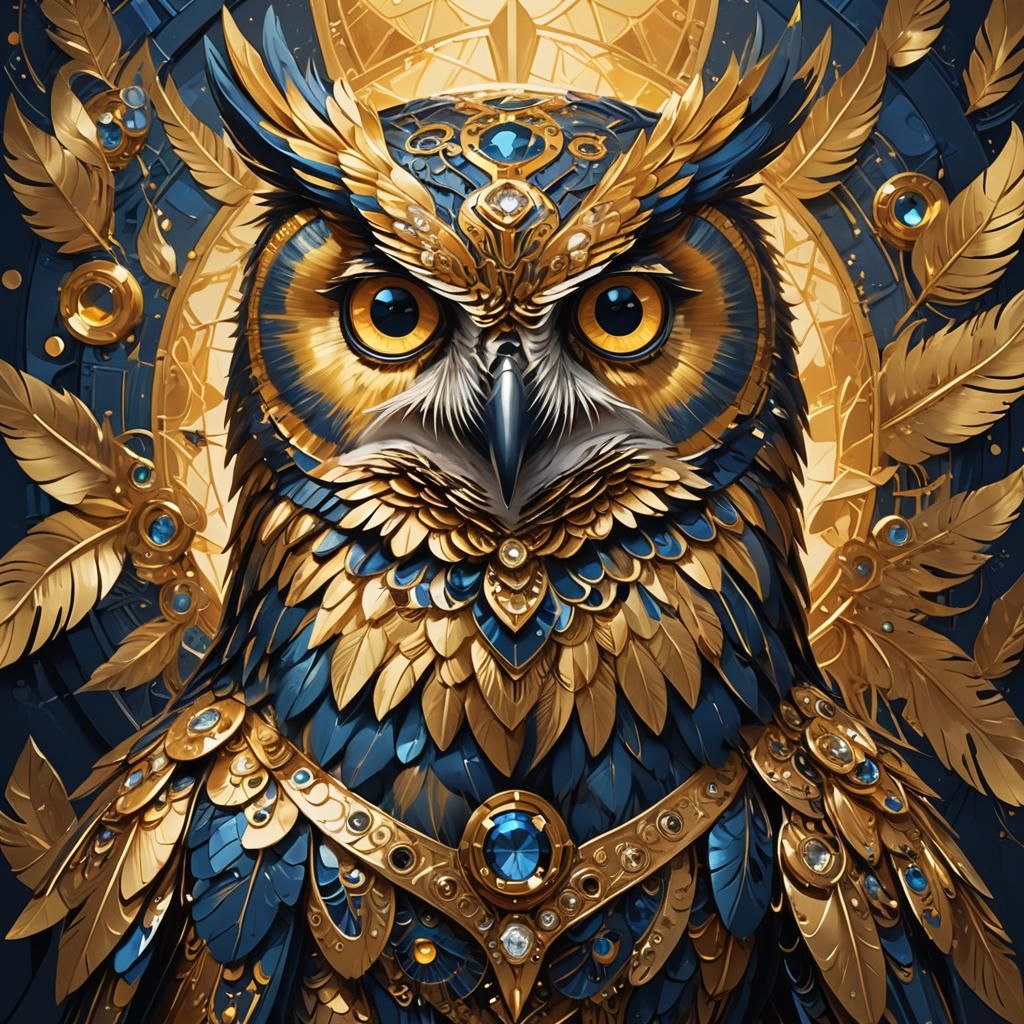 Golden Mechanical Owl with Diamond Eyes
