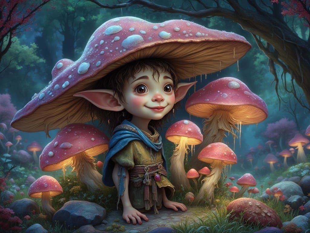 Goblin Among Giant Bioluminescent Mushrooms