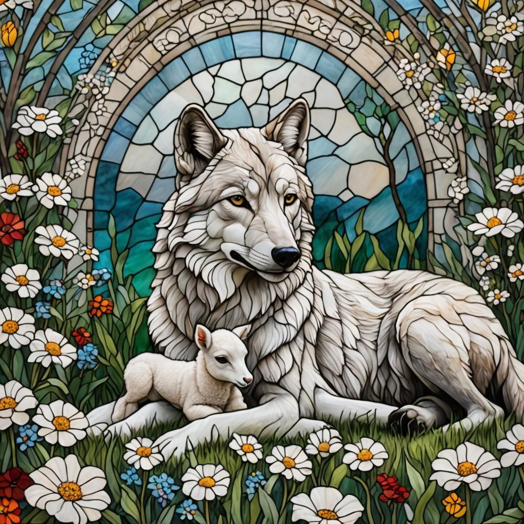 Stained Glass Wolf and Lamb by Temple