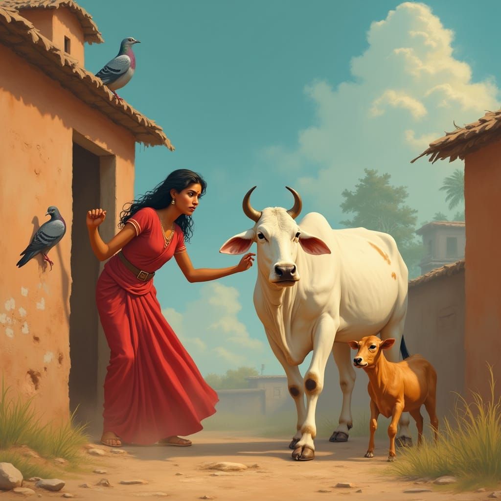 Indian Village Scene: Woman with Cow, Realistic Style