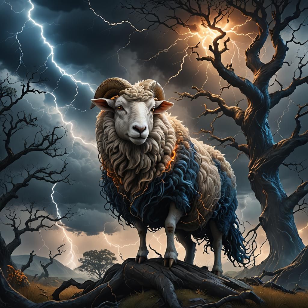Scared Sheep in Lightning Storm: Fantasy Concept Art