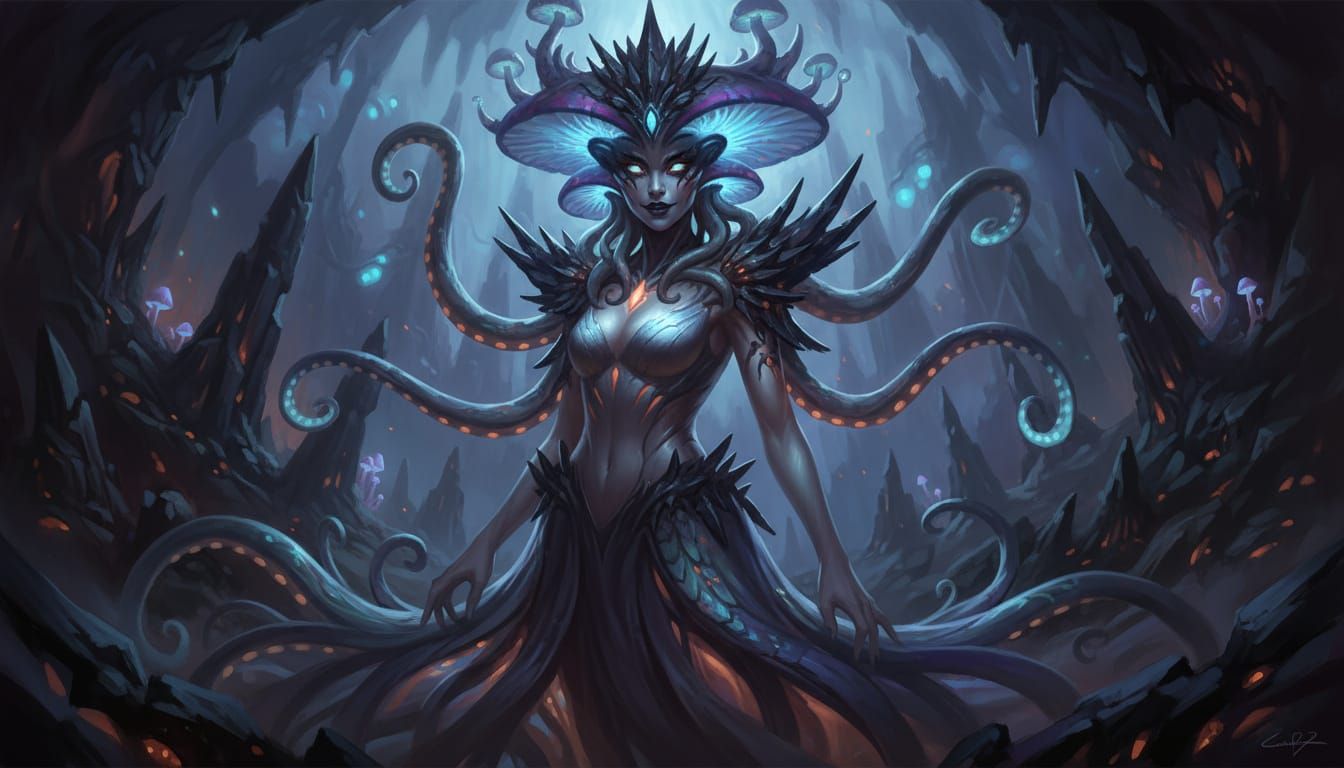 Sinister Tentacle Monster Woman with Mushroom Eyes