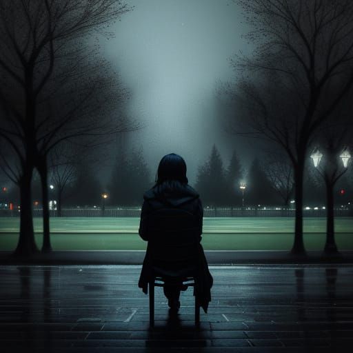 Melancholy Girl in Vibrant City Park at Night