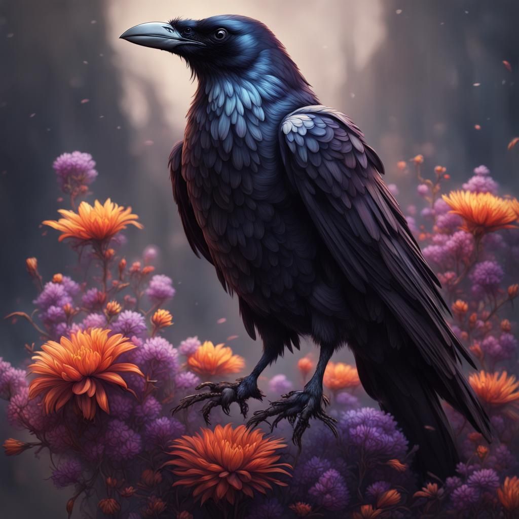 Raven's Floral Transformation: Detailed Matte Painting