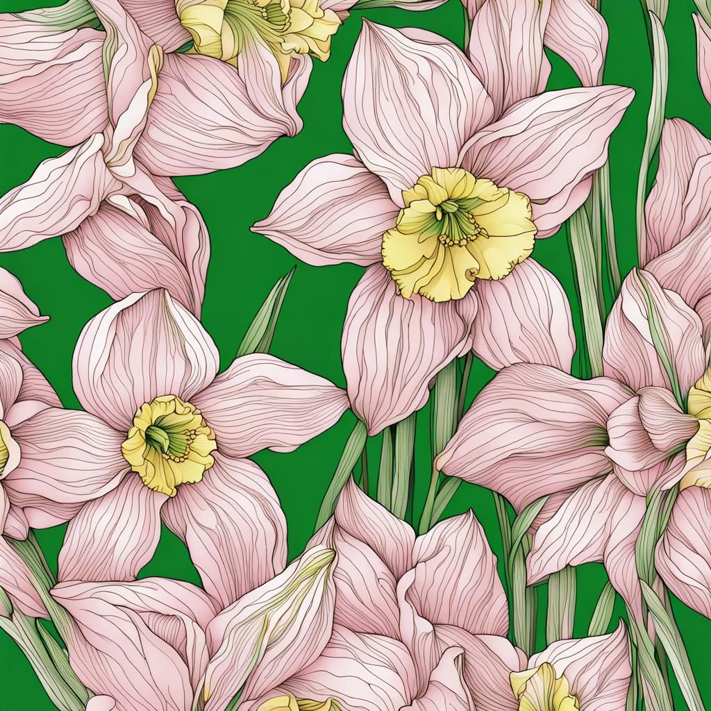 Intricate Line Art: Pink Daffodils on White