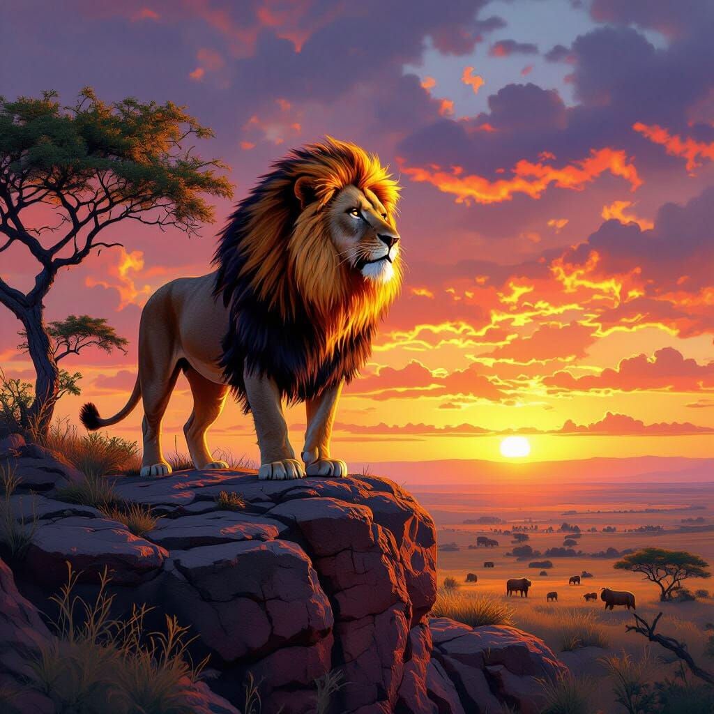 Fiery Lion Overlooking Savanna at Sunset