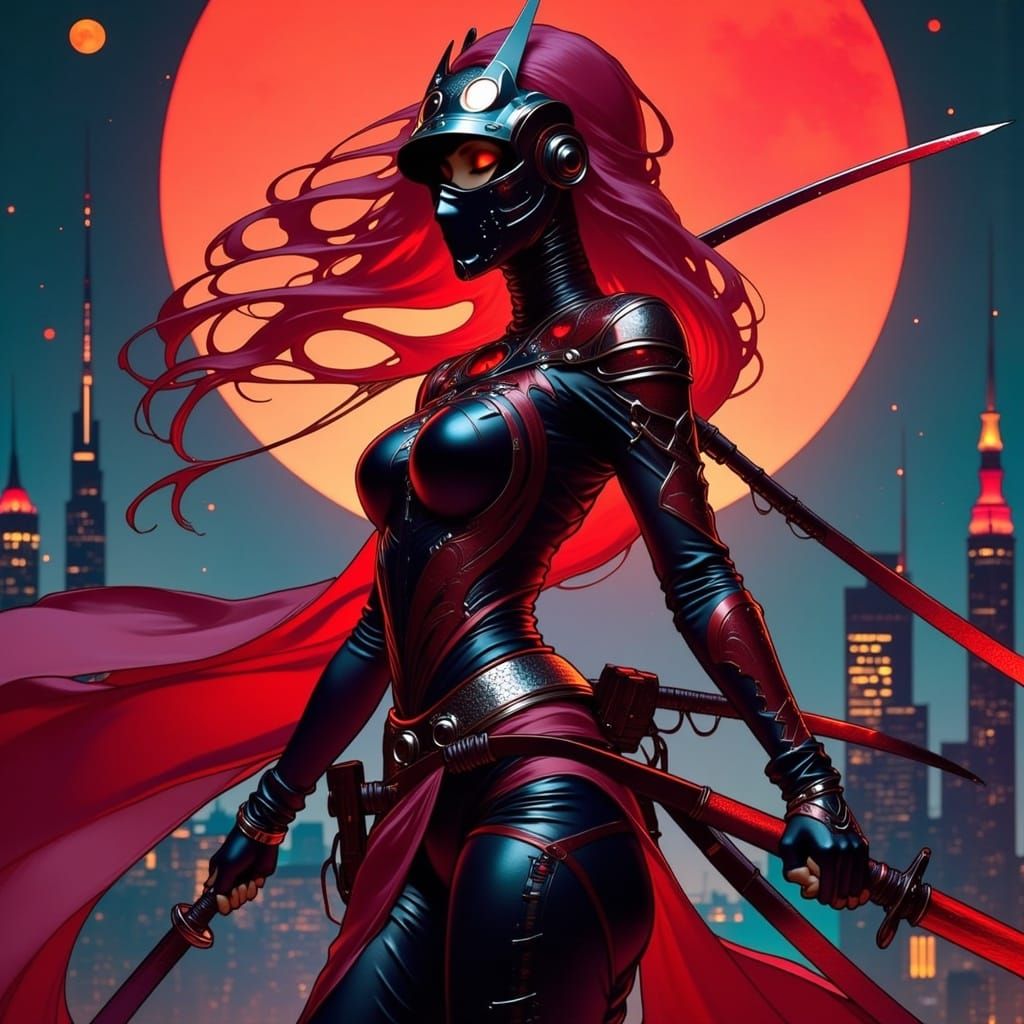Futuristic Samurai Warrior in Cyberpunk Cityscape
