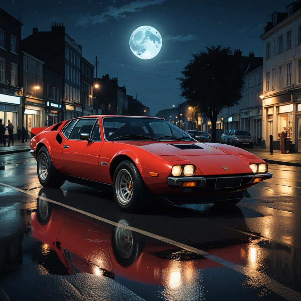 Vintage Red De Tomaso Pantera at Night, Comic Art