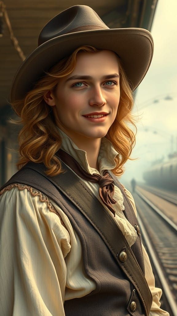 Young Noble in 1883 Era Attire at Texas Train Station