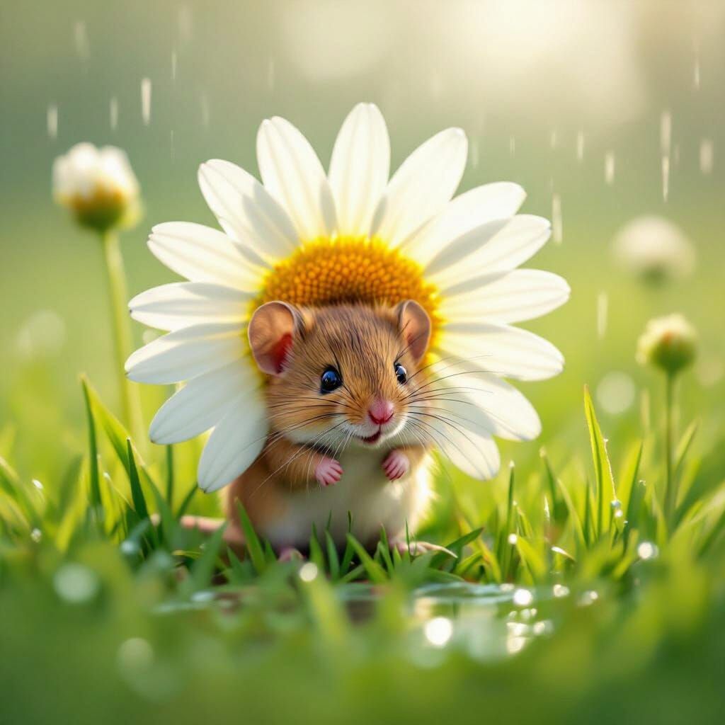 Cute Mouse Hiding Under Daisy in Gentle Rain