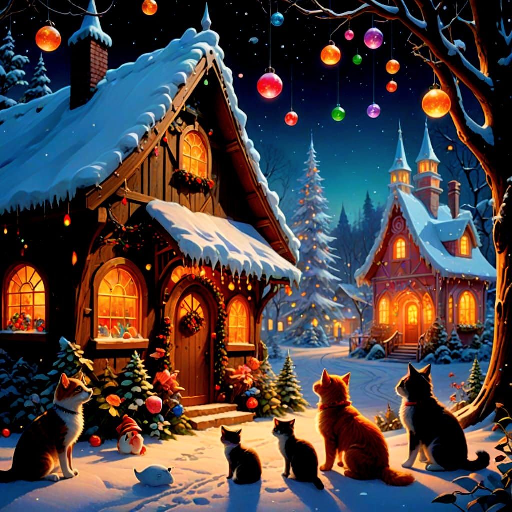 Glowing Glass Christmas Fairy with Kittens in Whimsical Wond...