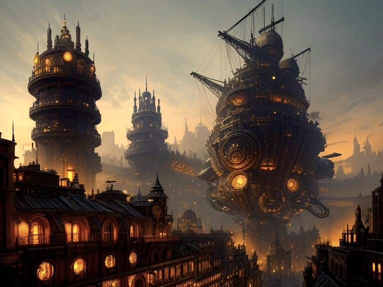 Steampunk City on Giant Turtle: Airships Dock at Brass Platf...