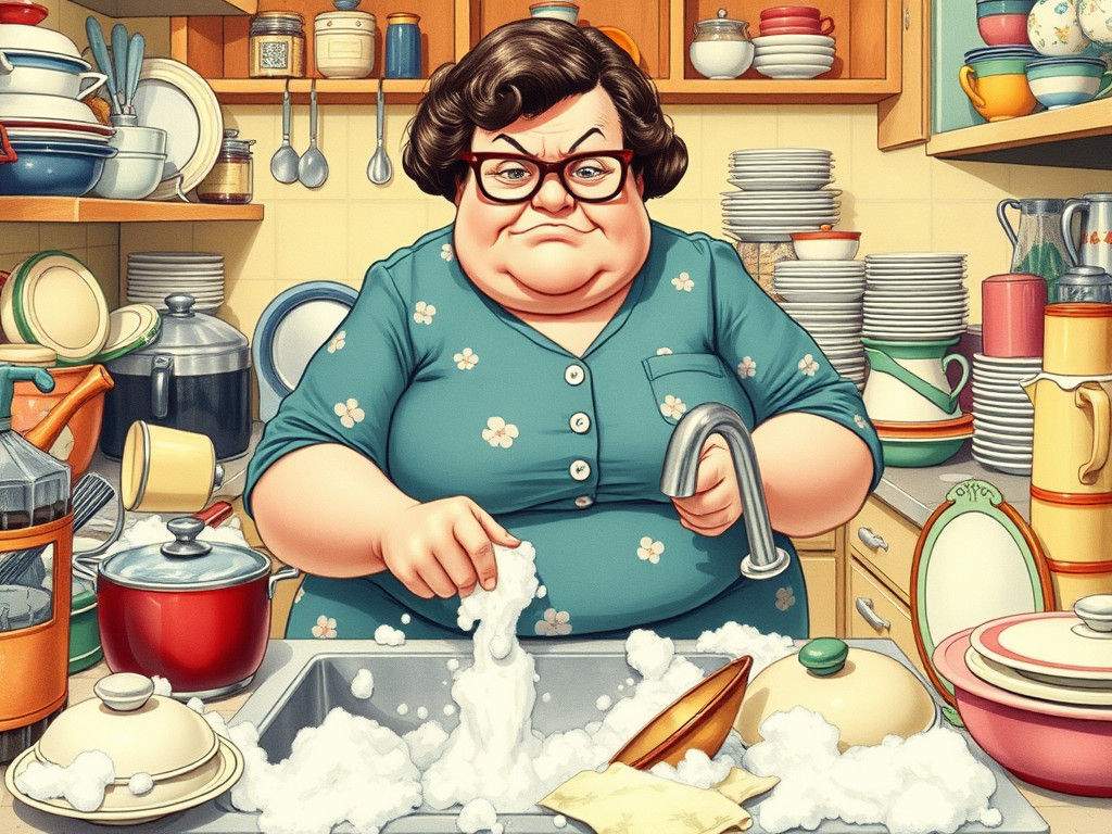 Humorous Cartoon of Mother Overwhelmed by Dishes