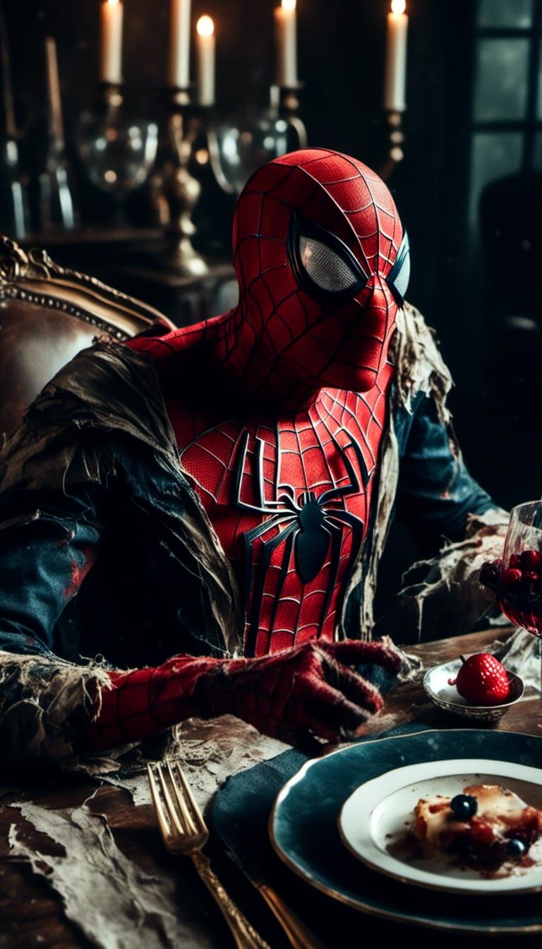 Macabre Spiderman Head on Dining Table