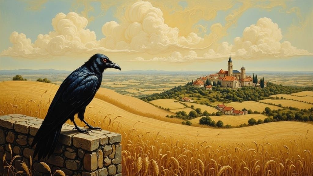 Raven Overlooking Rural Landscape in Realistic Style