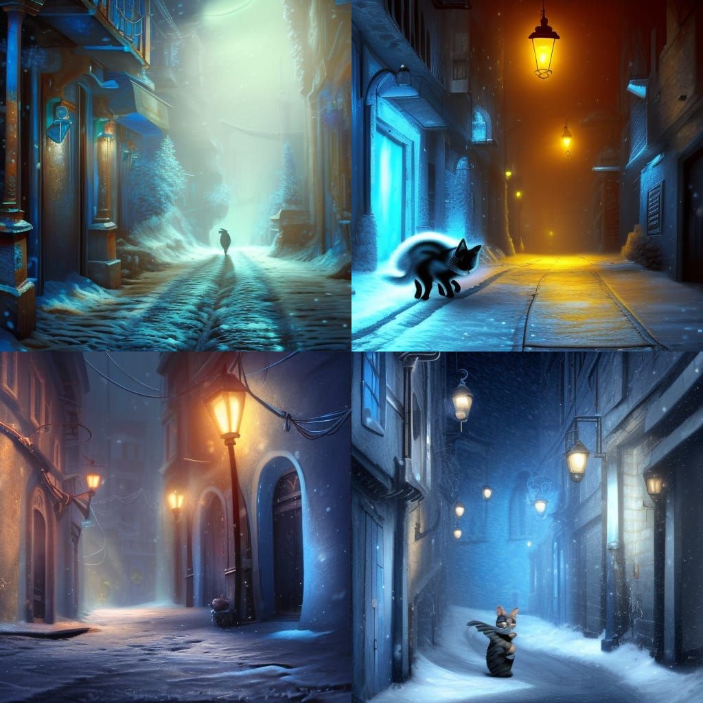 Blue Cat in Snowy Alleyway: Fantasy Concept Art