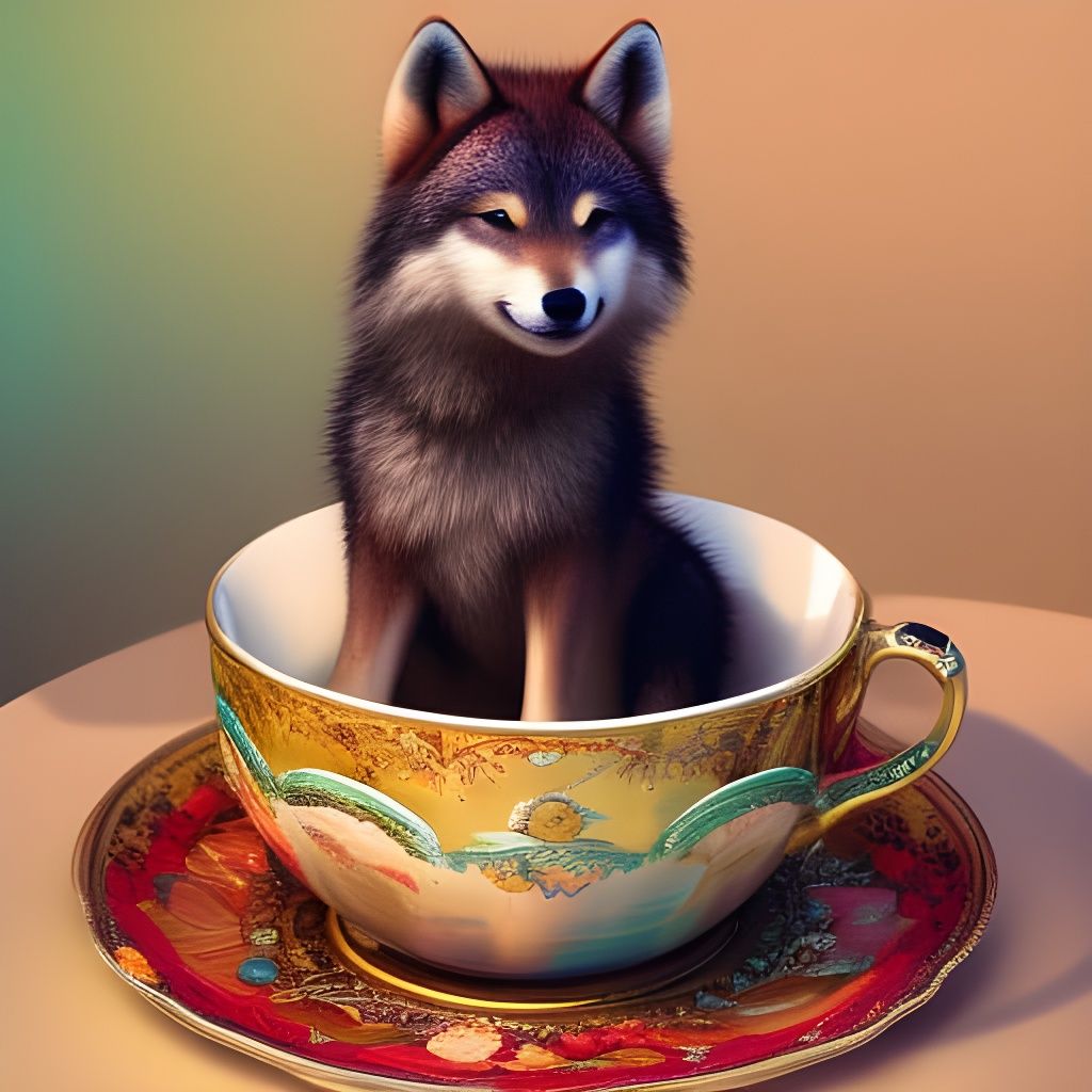Kawaii Baby Wolf in Teacup: Digital Art