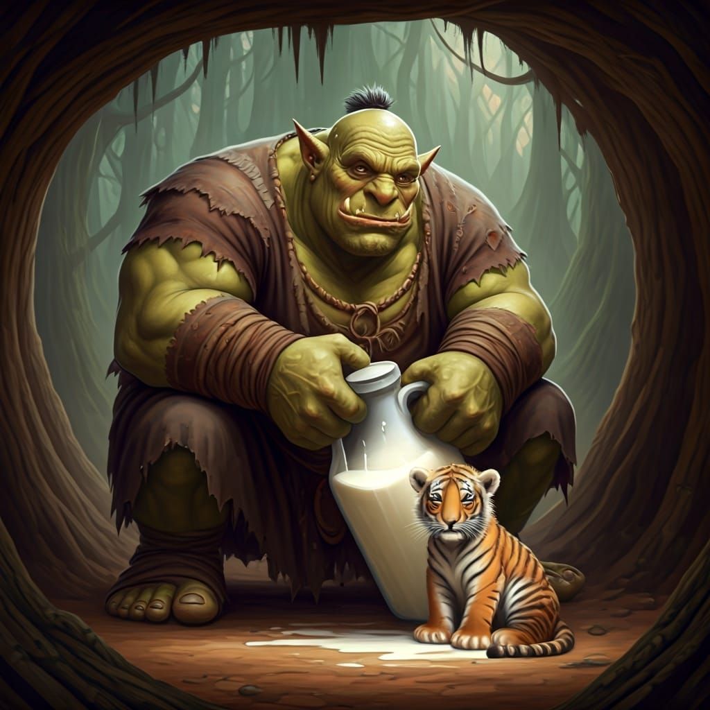 Ogre Feeds Tiger Cub in Realist Painting Style